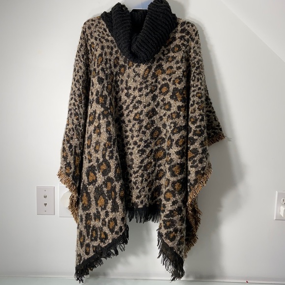 Time and Tru Animal Print Poncho Sweater - Black and Brown - Picture 1 of 5